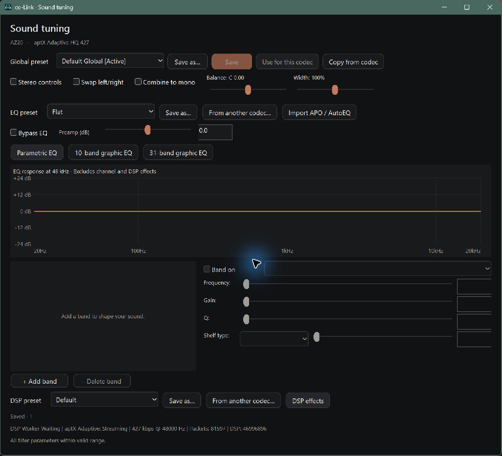 Égaliseur paramétrique co-Link avec commandes de préréglages globaux, EQ et DSP